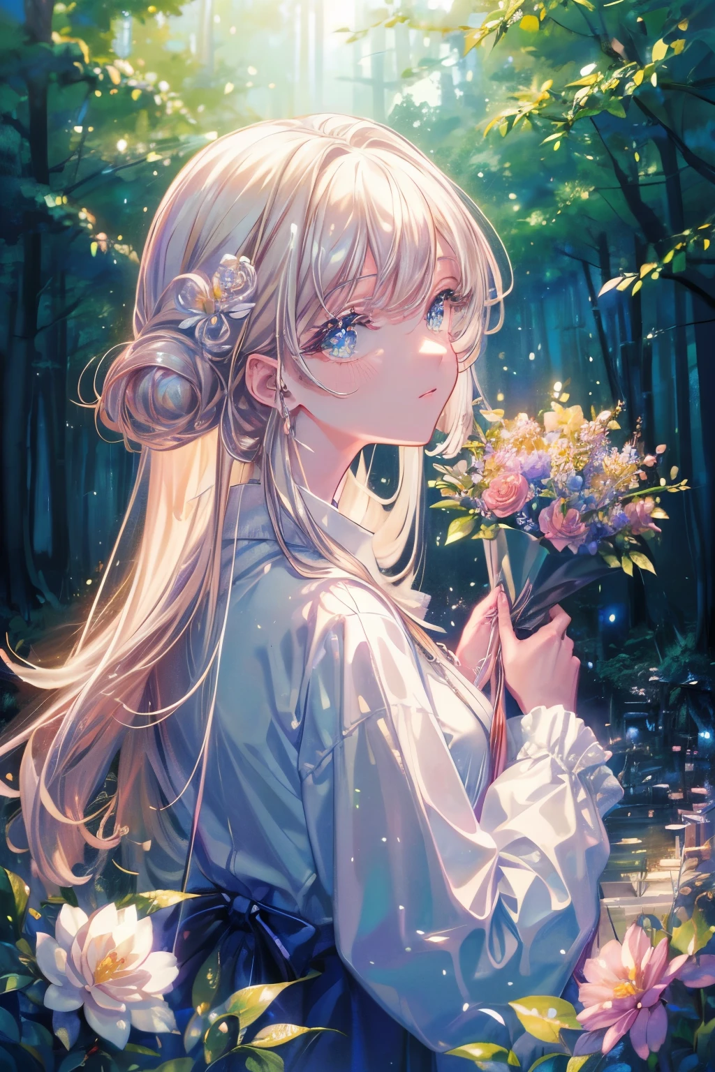 (masterpiece、8k、highest quality)、(Soft Light:1.3), Detailed face, Fine grain, dress, Beautiful digital artwork, landscape, Backlight, Lots of flowers, forest, Sparkling eyes, warm, warm light, watercolor