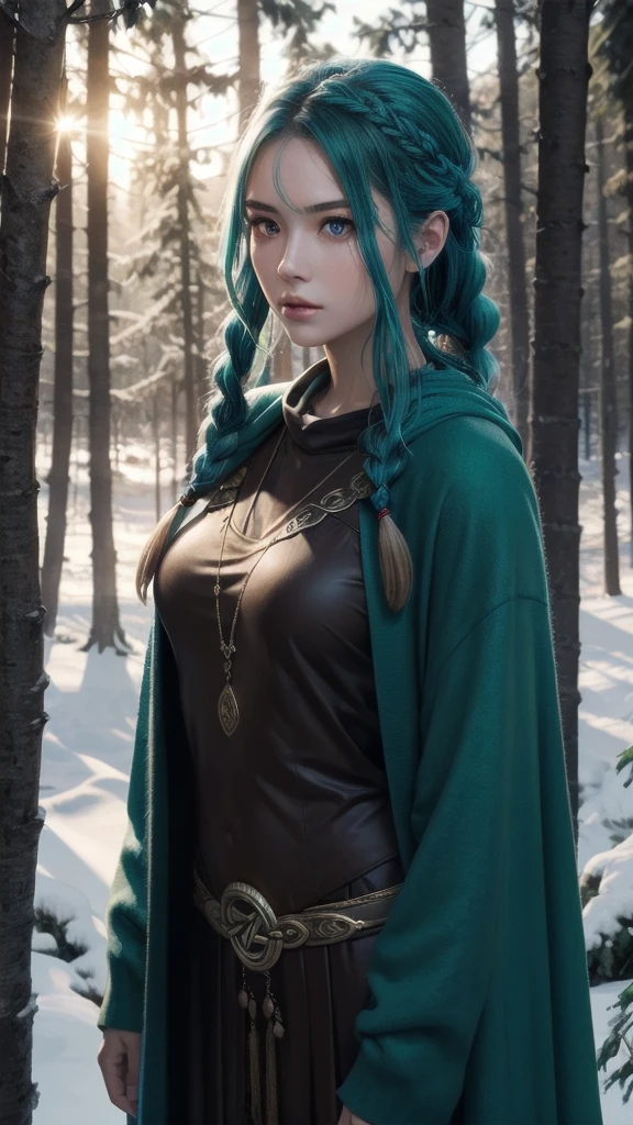 RAW, professional photograph, medium shot, photorealistic, hyper-realistic, ray tracing, super detail, UHD, 8k, female, twenty years old, athletic body, soft facial features, long braided hair, Celtic hairstyle, straight hair, cyan hair, cyan eyes, Celtic clothing, forest in winter, sharp image