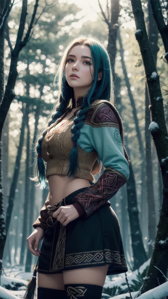 RAW, professional photograph, medium shot, photorealistic, hyper-realistic, ray tracing, super detail, UHD, 8k, female, twenty years old, athletic body, soft facial features, long braided hair, Celtic hairstyle, straight hair, cyan hair, cyan eyes, Celtic clothing, forest in winter, sharp image