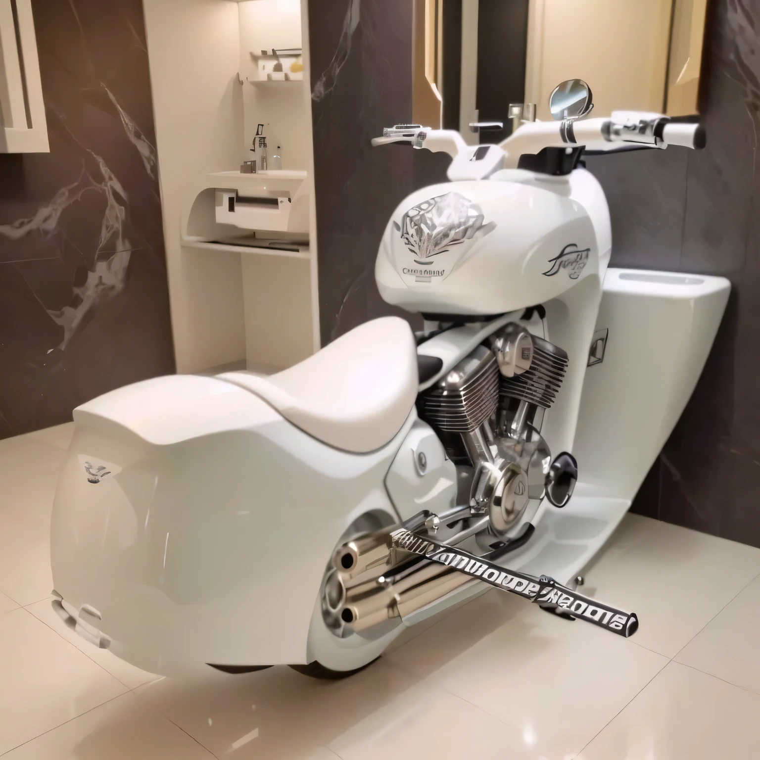there is a motocicleta that is sitting in a bathroom, banheiro de jogos, futuristic motocicleta, motocicleta, cadeira de jogos como banheiro, scooter personalizada, design futurista, moto harley davidson, design caro, magnificent project, epic design, made of liquid metal and marble, incredible masterpiece, Bela obra-prima, feito de metal branco brilhante, design forte, inspirado em Ivan Trush