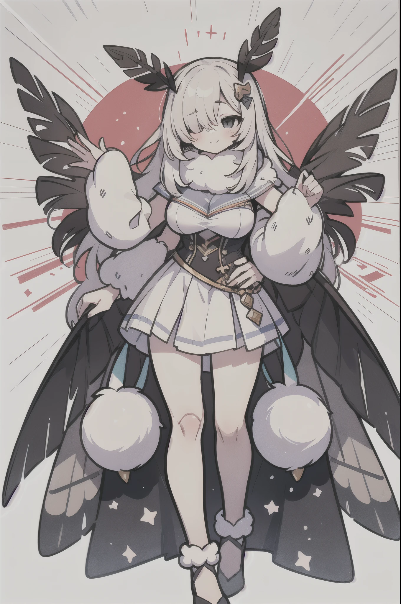(Best Picture:1.2), (Best Quality:1.3), style, Masterpiece, highest quality, full body, mothgirlcpt, moth antennae, moth wings, joints, solo, 1girl, long hair, hair over one eye, grey eyes, magical girl outfit, fur trimming, soft smile, bug breast