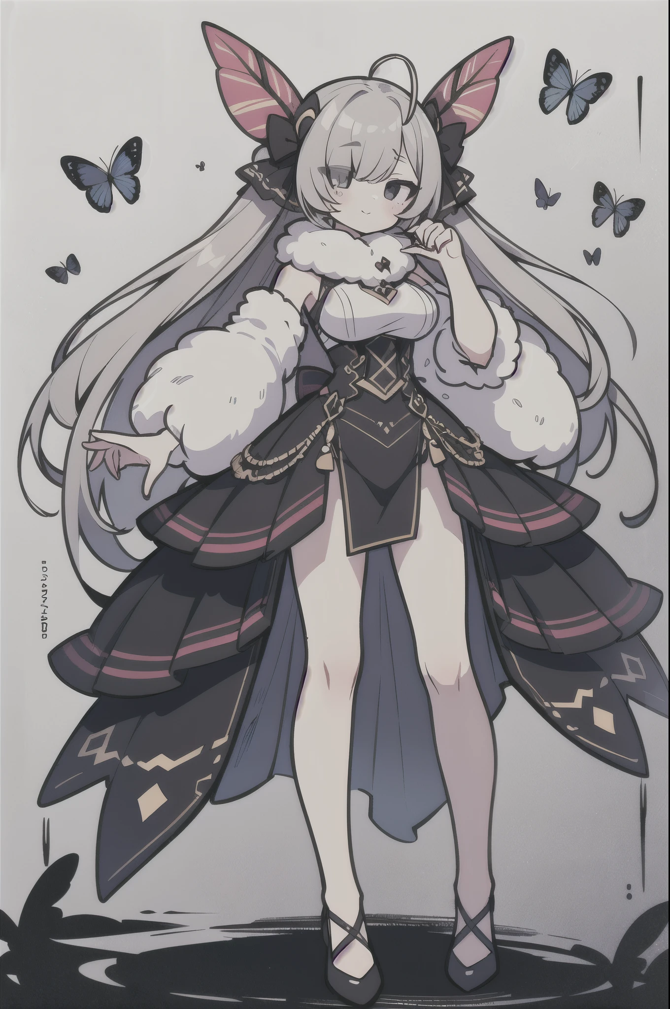 (Best Picture:1.2), (Best Quality:1.3), style, Masterpiece, highest quality, full body, mothgirlcpt, moth antennae, moth wings, solo, 1girl, long hair, hair over one eye, grey eyes, magical girl outfit, fur trimming, soft smile, bug breast