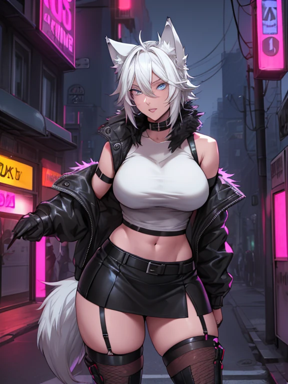 Single girl, Anime tomboy, Short, Long white hair, wolf ears, wolf tail, blue eyes, thigh high fishnets, black combat boots, wearing fur lined open jacket, nude, solo tomboy, only one female ((big breasts)) solo, alone, (SOLO)(ALONE) thicc thighs, wide hips, blue eyes, perfect eyes, perfect face, full lips,white tanktop, midriff, black short (skirt), perfect detailed face, (prostitution), (((prostitute))), standing, (redlight district), neon lights, bilboards, outside a brothel, trying to get customers, offering sex, (seductive),