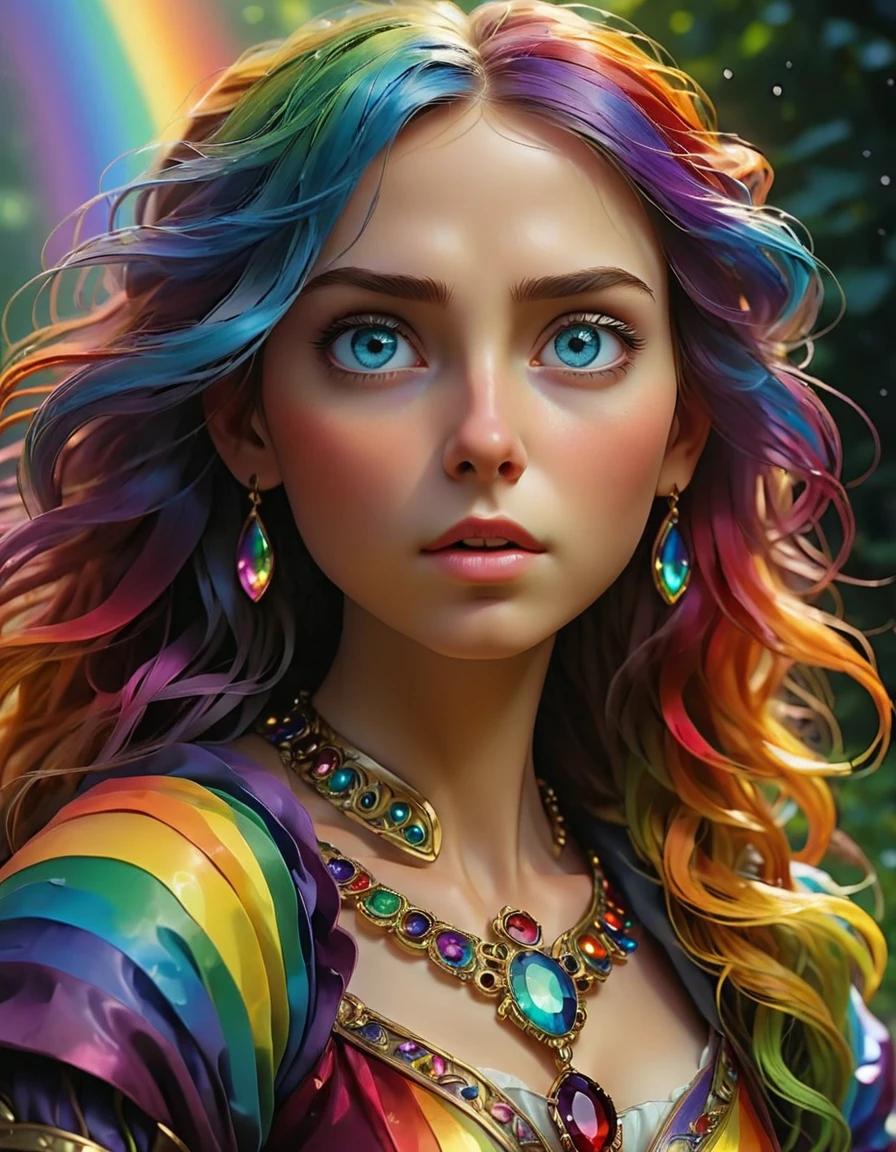 (((masterpiece))), (((Best quality))), ((ultra detailed)),(highly detailed computer illustration), ((very gentle and beautiful)),cinematic light, Create an amazing fantasy painting, imitating the style of modern masters of the genre.. The work of art must contain elements of both mythical fantasy, fairytale fantasy with bright rainbow accents and dark jewel tones.. ((Use a rainbow as your main color scheme..)) The hero of the picture is fragile, but a strong figure, which exudes an aura of mystery and magic.. Pay close attention to complex facial features., For example, Mesmerizing eyes with vibrant colors and bold shadows.. The character's clothing should be decorated with fine feathers., silk, stunning embroidery, and subtle iridescent details. Turn on (((translucent iridescent rainbow))), Dreamy colors, dynamic lighting, and detailed background elements, creating a feeling of awe and immersion.. ((Include colorful flying magical birds and jewel-colored rainbow butterflies, emitting a magical aura..)) Let's look at the latest trends in fantasy art., For example, use of unique lighting effects, learning dynamic and persuasive composition techniques, and experimenting with unique color palettes. Take inspiration from the top artists on ArtStation and Midjourney.. Camera: Choose an angle, which will highlight the beauty of the character and emphasize the magical grandeur of the work of art.. lighting: Use atmospheric lighting techniques, to create depth and mood.. permission: Стремитесь к созданию изображений с высоким permissionм, to showcase intricate detail and clarity.. Art of Inspiration: Seek inspiration from the trending artists on ArtStation., exploring different styles, genres, and themes.