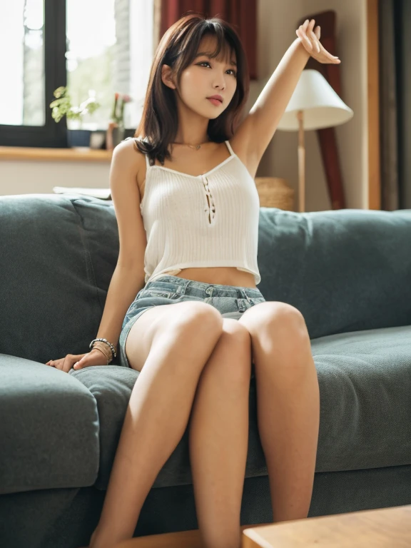 Sitting with Knees Up on sofa at living, spread legs