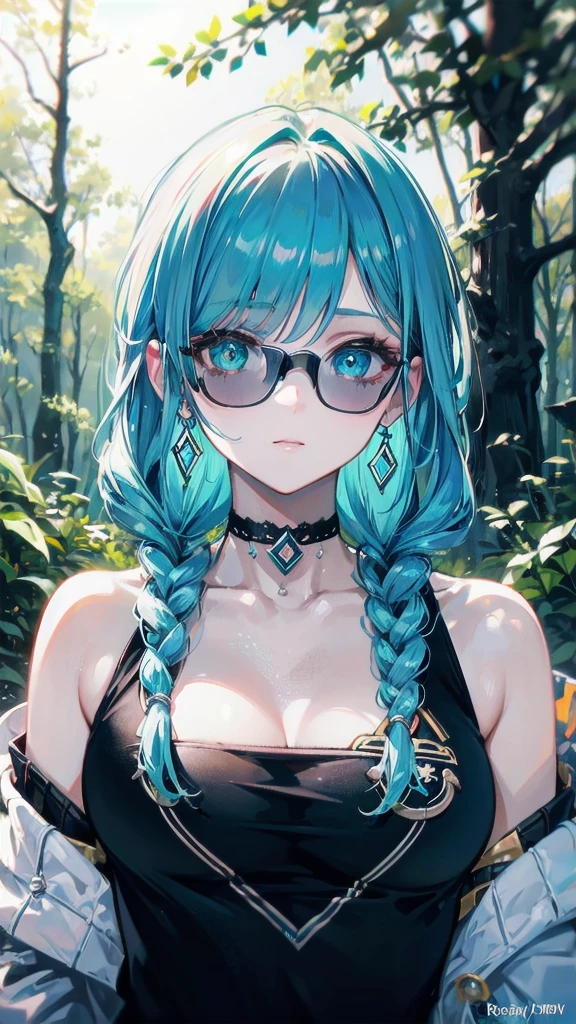 RAW, professional photograph, medium shot, photorealistic, hyper-realistic, ray tracing, super detail, UHD, 8k, female, twenty years old, athletic body, soft facial features, long braided hair, Celtic hairstyle, straight hair, cyan hair, cyan eyes, Celtic clothing, forest in winter, sharp image