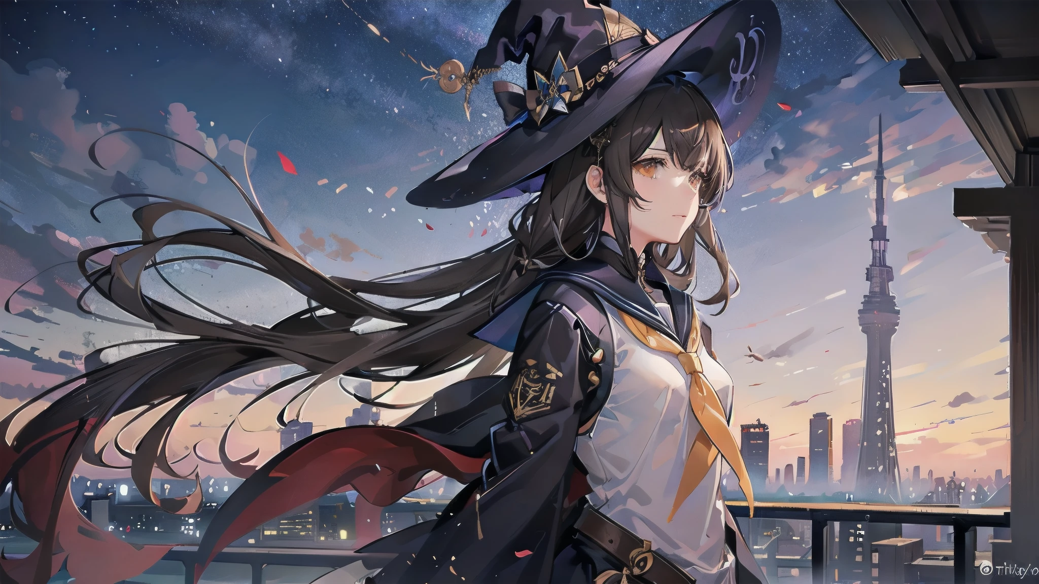 A girl with short dark brown lob hair stands on the rooftop of a high-rise building overlooking Tokyo and the Skytree late at night.、紺色のリボンの白と黒のSailor suitを着ている高校生、She wears a large witch's hat with a small sapphire accessory、A few star creams、Beautiful starry sky、Beautiful night view、large witch's hat 、Box Skirt、Sailor suit