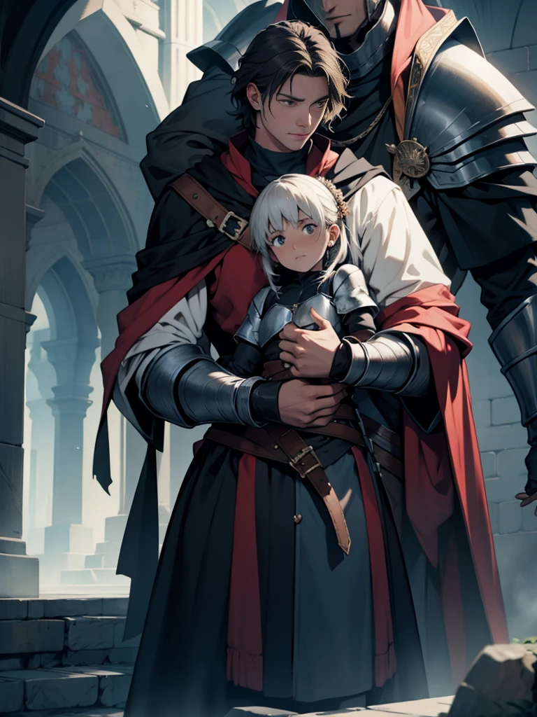 a slain knight being held by the king