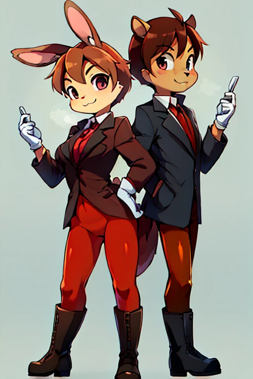 2 boys, squirrel and rabbit, furry, bodyfur, blazer, bottomless, color tights, gloves, boots