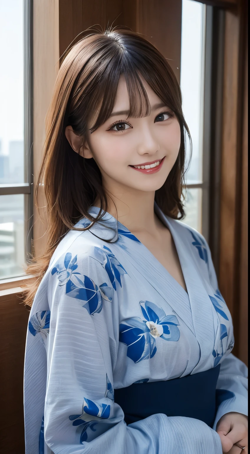 whole body, highest quality, figure, Very detailed, In detail, High resolution, 8k wallpaper, Perfect dynamic composition, Beautiful fine details, kimono,Medium Hair, Center of chest, Natural color lip, Random sexy poses,smile,shrine,Flower Hair Ornaments,cute,