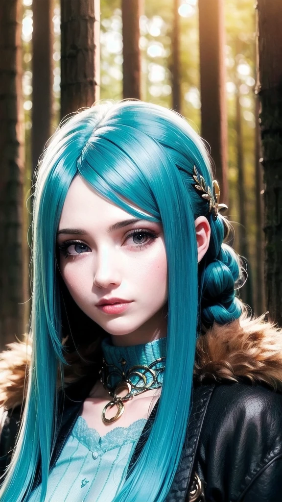 RAW, professional photograph, medium shot, photorealistic, hyper-realistic, ray tracing, super detail, UHD, 8k, female, twenty years old, athletic body, soft facial features, long braided hair, Celtic hairstyle, straight hair, cyan hair, cyan eyes, Celtic clothing, forest in winter, sharp image