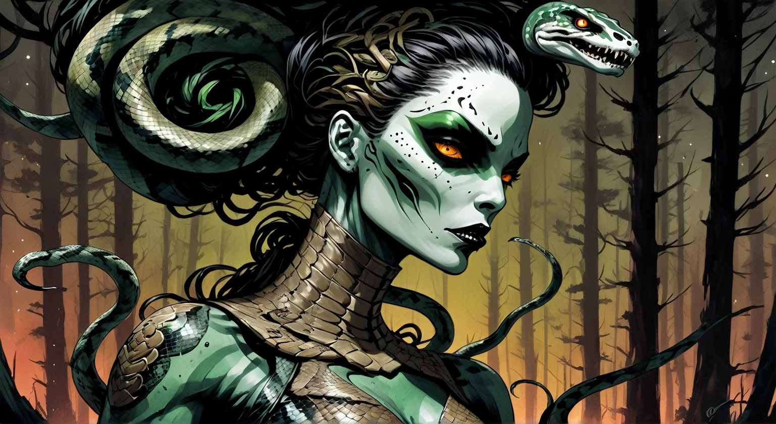 Medusa, splash page decompressed comic cover art, ink style figure,((expressive Joelle Jones and "Sean Gordon Murphy" comic drawing)), wordless, cinematic poster, double exposure, optical illusion, image within image, abyss void black no visibility darkness, full length portrait, (background, pine barrens, entropy, rewilding, magic hour sunset, galaxy stars, cosmos), (horror, abstract, surreal, body, cosmic), candid, snake skin dress, morphology anatomy drawn Frederic Delavier musculature anatomical illustration, (face, ornate black metal corpse paint, resembles Grace Jones), (body, Naga, snakefolk, lower body snake tail, snake woman hybrid, bald, hairless, skeleton, snake skin tattoos, piercing eyes, snake pupils, over the shoulder), (colors, bleak muted deep fiery radiant glowing ROYGBIV, forest green, earth brown), craftsmanship nuance, (Gerardo Zaffino charcoal), subliminal orchids, nyctophobia, silhouette
