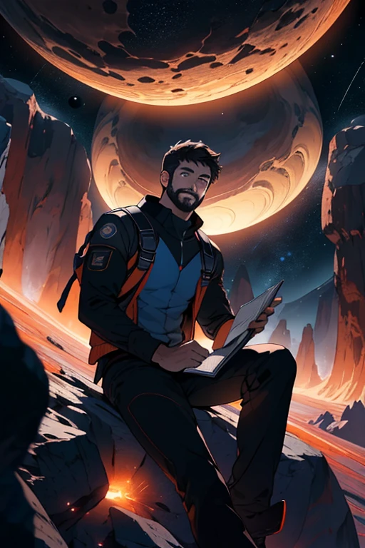 Draw a young programmer, sitting on a research platform floating in the middle of an asteroid belt. He is studying with a notebook, surrounded by several asteroids glowing with fiery auras. Dramatic lighting from distant stars and planets illuminates the scene, casting deep shadows on the suit. The young man looks confident and determined, looking at the vast and mysterious universe with wonder and respect,facial hair, cowboy shot,