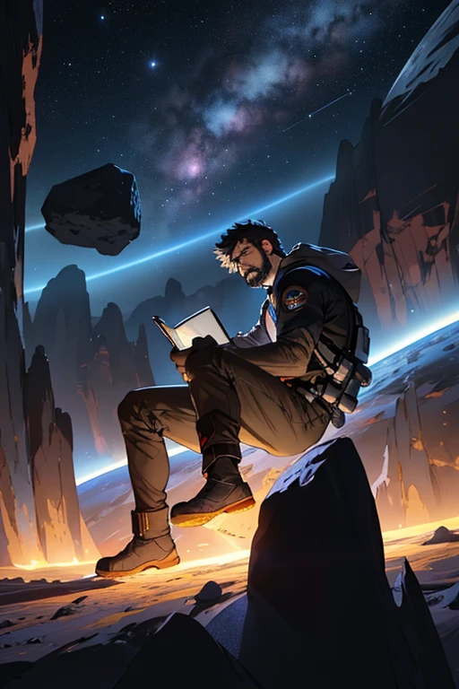 Draw a young programmer, sitting on a research platform floating in the middle of an asteroid belt. He is studying with a notebook, surrounded by several asteroids glowing with fiery auras. Dramatic lighting from distant stars and planets illuminates the scene, casting deep shadows on the suit. The young man looks confident and determined, looking at the vast and mysterious universe with wonder and respect,facial hair, cowboy shot,