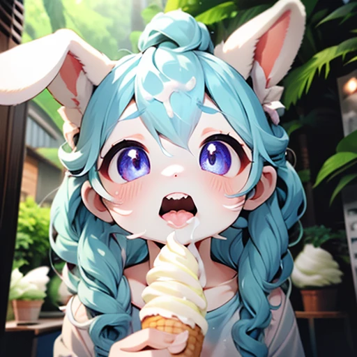 focus face , rabbit girl , round face , moist round eyes , (Double teeth:1.2) , innocent smile , glossy lips , (open mouth wide) , (show off uvula:1.2) , (dripping melted vanilla ice cream on face:1.2) , licking ice cream , grab ice cream