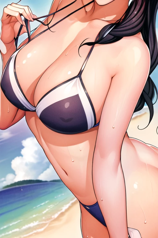 masterpiece, highest quality:1.0, ultra-high resolution:1.0, Beach scene, one girl, alone, captivating view, Swimwear wearing, Arima Ayumi, 25-year-old woman, long black hair in a single pigtail, pink lips, glasses on nose, adorned with one braid, beaming smile.