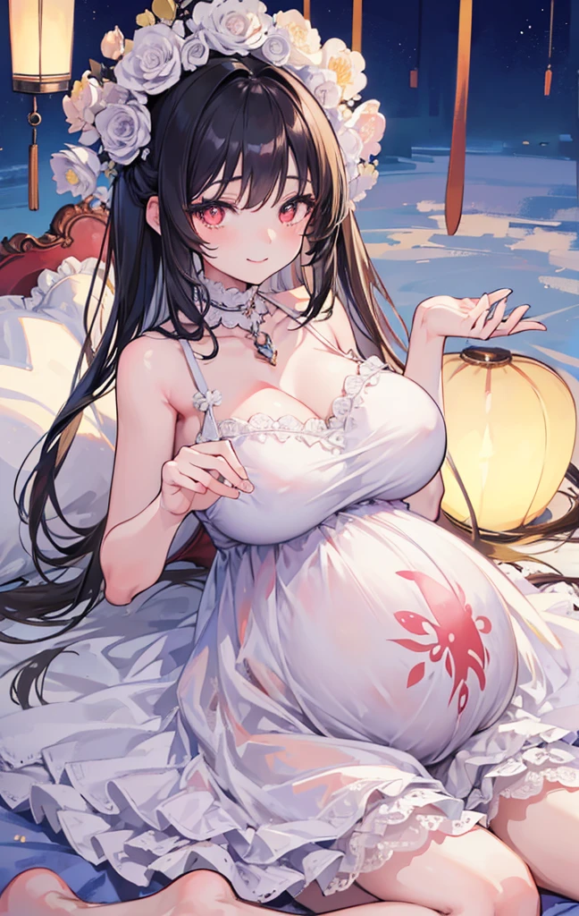 masterpiece, best quality,Super detailed,
Anime cute art style,Super detailed face,
Perfect anatomical structure,Full fingers,
whole body,Pillow Lantern,
1 hot girl,
#11: Messy Curly Charming Silver Long Hair,
Half open eyes,The pupils are heart-shaped,
Huge contours,Ruffle Impossible Dress,
Women's shirts,skirt,Pantyhitch hat,
A teasing smile,Pregnant