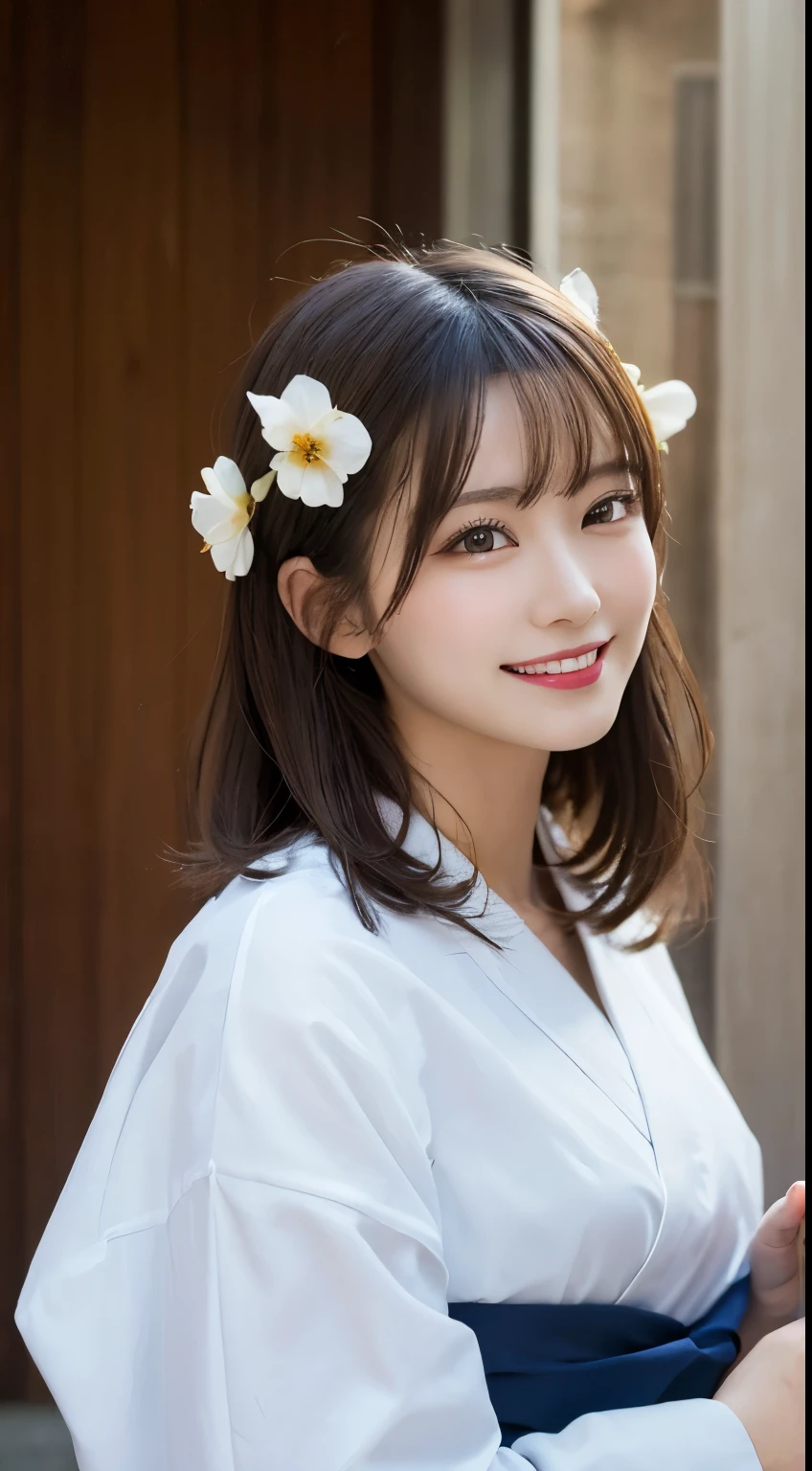 Tabletop, highest quality, figure, Very detailed, In detail, High resolution, 8k wallpaper, Perfect dynamic composition, Beautiful fine details, yukata,Medium Hair, Center of chest, Natural color lip, Random sexy poses,smile,Tower apartment,Flower Hair Ornaments,