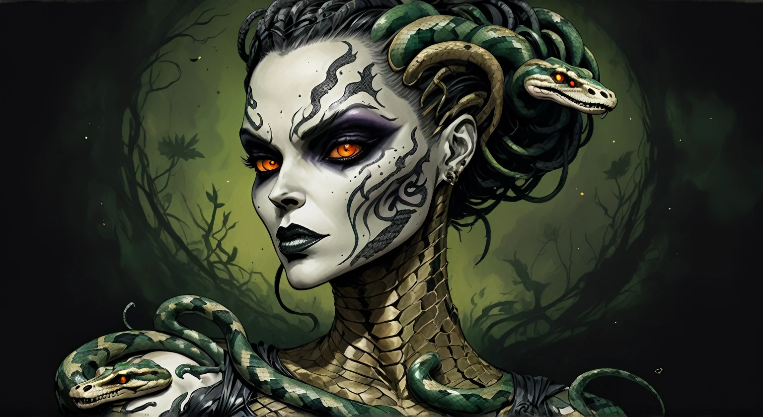 Medusa, splash page decompressed comic cover art, ink style figure,((expressive Joelle Jones and "Sean Gordon Murphy" comic drawing)), wordless, cinematic poster, double exposure, optical illusion, image within image, abyss void black no visibility darkness, full length portrait, (background, pine barrens, entropy, rewilding, magic hour sunset, galaxy stars, cosmos), (horror, abstract, surreal, body, cosmic), candid, snake skin dress, morphology anatomy drawn Frederic Delavier musculature anatomical illustration, (face, ornate black metal ?????? paint, resembles Grace Jones), (body, Naga, snakefolk, lower body snake tail, snake woman hybrid, bald, hairless, skeleton, snake skin tattoos, piercing eyes, snake pupils, over the shoulder), (colors, bleak muted deep fiery radiant glowing ROYGBIV, forest green, earth brown), craftsmanship nuance, (Gerardo Zaffino charcoal), subliminal orchids, nyctophobia, silhouette
