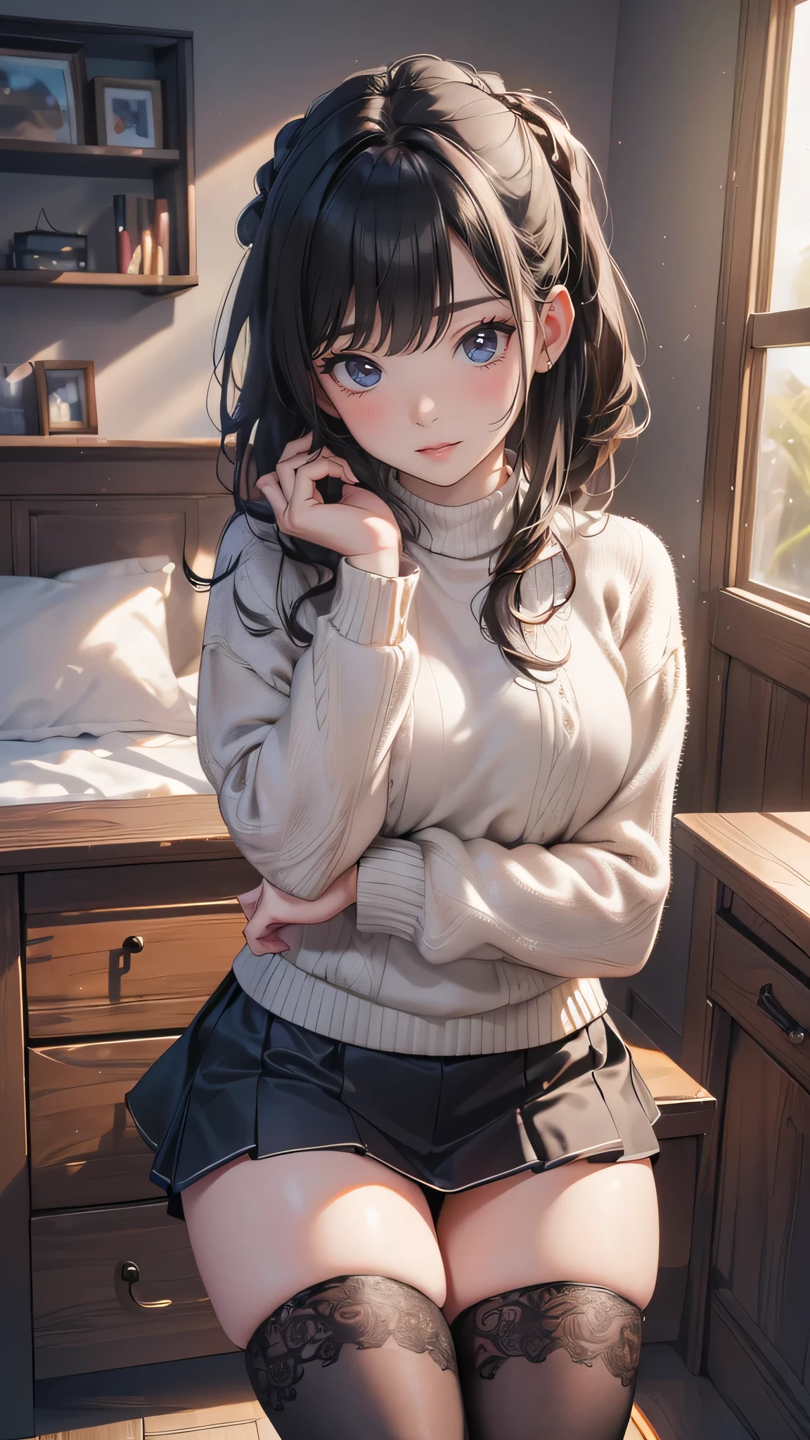 (random porn pose),(random hairstyle),(Highest image quality,(8k),ultra-realistic,best quality, high quality, high definition, high quality texture,high detail,beautiful detailed,fine detailed,extremely detailed cg,detailed texture,a realistic representation of the face,masterpiece,Sense of presence),sweater,tight mini skirt,stockings,Engineer boot