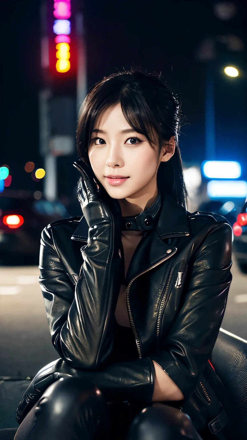 black leather rider jacket, Office in the Dark, Black leather gloved fingertips on both hands,Wearing black leather gloves,Sitting in a black leather chair、 Japanese female new recruits (Black leather gloves cover both hands) (The angle is horizontal)、Black Leather Pants,Black Leather Black Leather Pants,Black Leather Skinny Pants、Long black leather boots on both feet、Black hair ponytail ((He wears black leather gloves on his hands))Full Body Photo,full body shot full body full body leather suit,☺If you turn in this direction。Wearing black leather gloves,Wearing black leather gloves,Wearing black leather gloves,Wearing black leather gloves,Wearing black leather gloves,Wearing black leather gloves,黒のレザーパンツが美しい😍黒のレザーパンツが美しい😍黒のレザーパンツが美しい,😍Smiling while looking at me,City lights、((Neon Cyberpunk City Street:1.3))、(Neon Light)、Detailed lighting、
Best image quality、Ultra-high resolution、(realism:1.4)、Korean Beauty Star、The most beautiful KPOP stars、face、 Korean Makeup、A body that makes you want to touch it、Realistic leather texture、Costume made of smooth leather fabric、The drape of the curved parts of the leather fabric、The costume is very shiny、Quality of the costume、8K Photo Quality