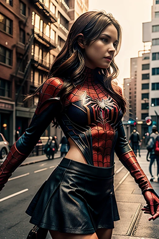 Elisha Cuthbert、stick out the navel、new york、彼女は破れたSpidermanのスーツを着ている,Wearing a skirt、 Red and black color scheme,dynamic、masterpiece、highest quality、Ultra-detailed、Very detailed、Beautiful sparkle in the details、超A high resolution、Spiderman、Marvel