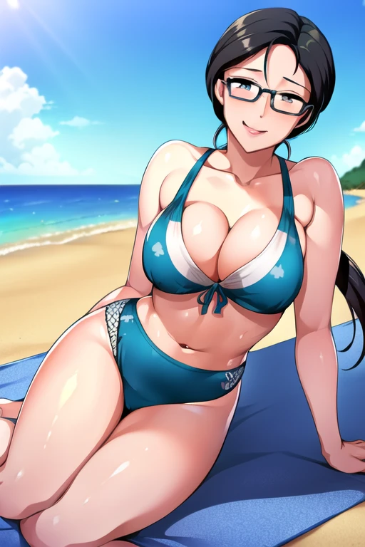 masterpiece, highest quality:1.0, ultra-high resolution:1.0, Beach scene, one girl, alone, captivating view, Swimwear wearing, Arima Ayumi, 25-year-old woman, long black hair in a single pigtail, pink lips, glasses on nose, adorned with one braid, beaming smile.