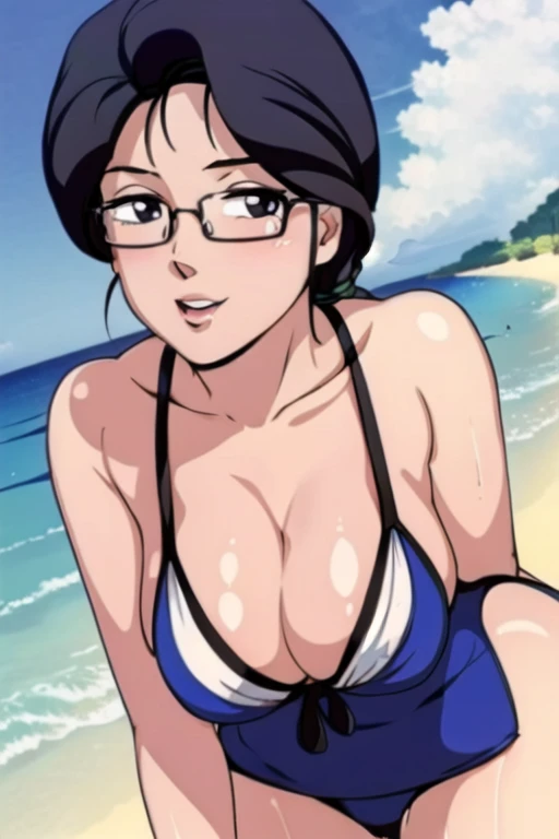 masterpiece, highest quality:1.0, ultra-high resolution:1.0, Beach scene, one girl, alone, captivating view, Swimwear wearing, Arima Ayumi, 25-year-old woman, long black hair in a single pigtail, pink lips, glasses on nose, adorned with one braid, beaming smile.