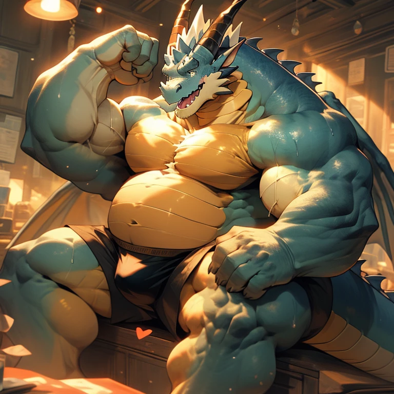 A blue muscular dragon sitting in front of a dresser, flexing his muscles and showing off his bulge and his big guts and his enormous chest, big fat huge enormous pecs, pecs are giant, pecs are enormous, wearing only black underwear. The dragon is sweating and has a warm and sexy expression on his face. The image is drawn in an anime style, with bright colors, light are on in the room. He is in a school bedroom at night with lights on sitting on his bed with a sexy pose and admire his big and huge muscle and his big gut like he is in love on them. Thick tongue、mouth wide open、lots of drool、thick and long tail、thick twisted corners