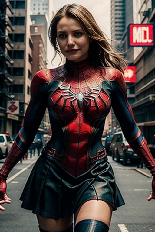 Cameron Diaz、stick out the navel、new york、彼女は破れたSpidermanのスーツを着ている,Wearing a skirt、 Red and black color scheme,dynamic、masterpiece、highest quality、Ultra-detailed、Very detailed、Beautiful sparkle in the details、超A high resolution、Spiderman、Marvel