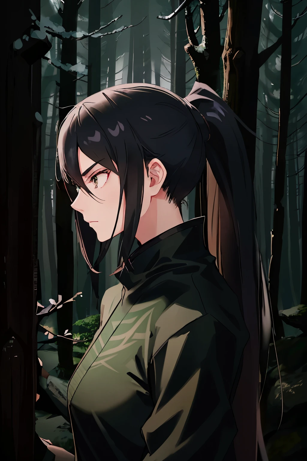 beautiful young ninja, slim and agile body, long black hair tied in a ponytail, stealthy black outfit with hidden blades, concealed face mask, sharp and focused gaze, hiding in the shadows, ultra-detailed, realistic, 4K, HDR, moonlit forest, ninjutsu training, intense concentration, vivid green moss, sharp focus, bokeh background.