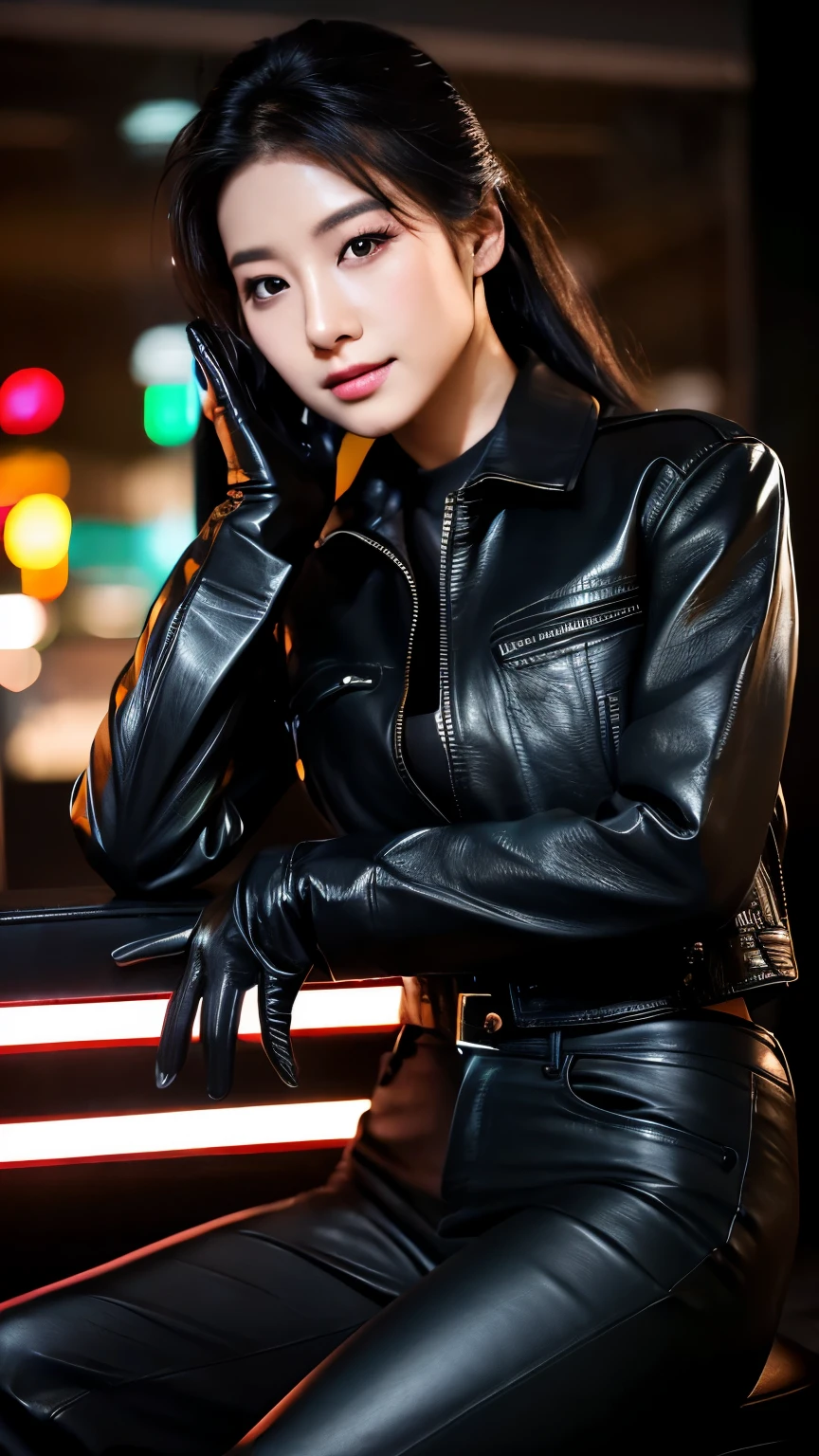 black leather rider jacket, Office in the Dark, Black leather gloved fingertips on both hands,Wearing black leather gloves,Sitting in a black leather chair、 Japanese female new recruits (Black leather gloves cover both hands) (The angle is horizontal)、Black Leather Pants,Black Leather Black Leather Pants,Black Leather Skinny Pants、Long black leather boots on both feet、Black hair ponytail ((He wears black leather gloves on his hands))Full Body Photo,full body shot full body full body leather suit,☺If you turn in this direction。Wearing black leather gloves,Wearing black leather gloves,Wearing black leather gloves,Wearing black leather gloves,Wearing black leather gloves,Wearing black leather gloves,黒のレザーパンツが美しい😍黒のレザーパンツが美しい😍黒のレザーパンツが美しい,😍Smiling while looking at me,City lights、((Neon Cyberpunk City Street:1.3))、(Neon Light)、Detailed lighting、

Best image quality、Ultra-high resolution、(realism:1.4)、Korean Beauty Star、The most beautiful KPOP stars、face、Horny Korean Makeup、A body that makes you want to touch it、Realistic leather texture、Costume made of smooth leather fabric、The drape of the curved parts of the leather fabric、The costume is very shiny、Quality of the costume、8K Photo Quality