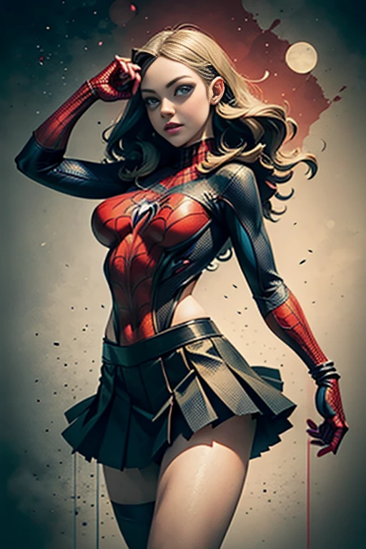 Amanda Seyfried、stick out the navel、new york、彼女は破れたSpidermanのスーツを着ている,Wearing a skirt、 Red and black color scheme,dynamic、masterpiece、highest quality、Ultra-detailed、Very detailed、Beautiful sparkle in the details、超A high resolution、Spiderman、Marvel