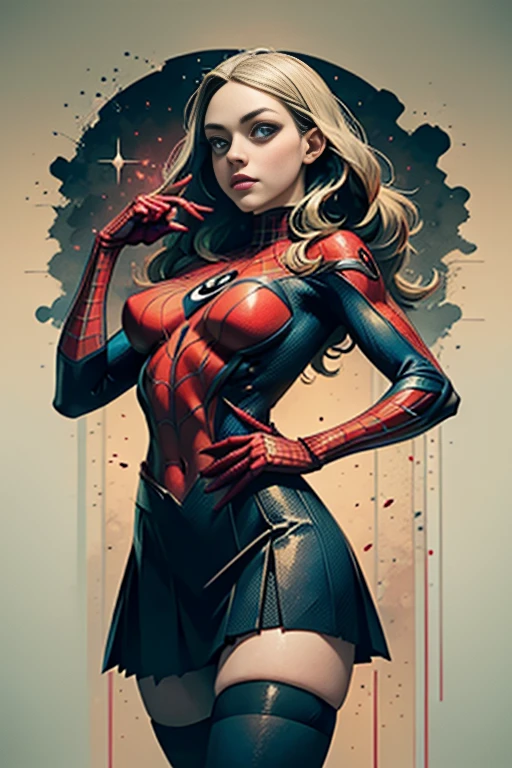Amanda Seyfried、stick out the navel、new york、彼女は破れたSpidermanのスーツを着ている,Wearing a skirt、 Red and black color scheme,dynamic、masterpiece、highest quality、Ultra-detailed、Very detailed、Beautiful sparkle in the details、超A high resolution、Spiderman、Marvel
