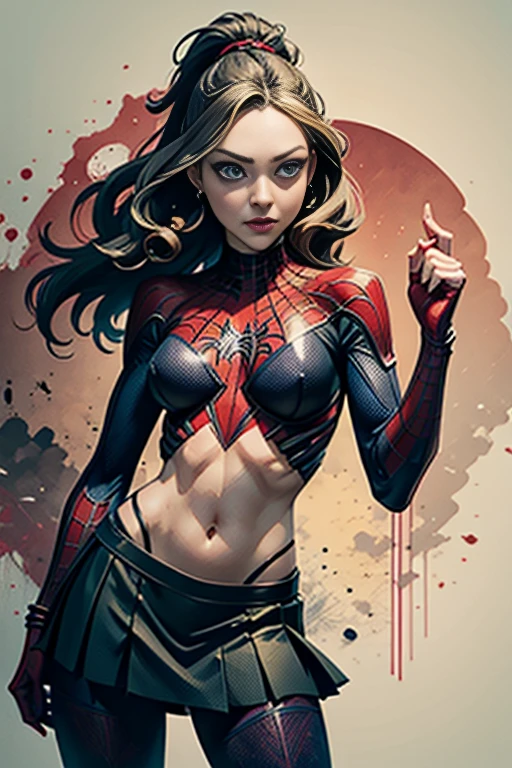 Amanda Seyfried、stick out the navel、new york、彼女は破れたSpidermanのスーツを着ている,Wearing a skirt、 Red and black color scheme,dynamic、masterpiece、highest quality、Ultra-detailed、Very detailed、Beautiful sparkle in the details、超A high resolution、Spiderman、Marvel