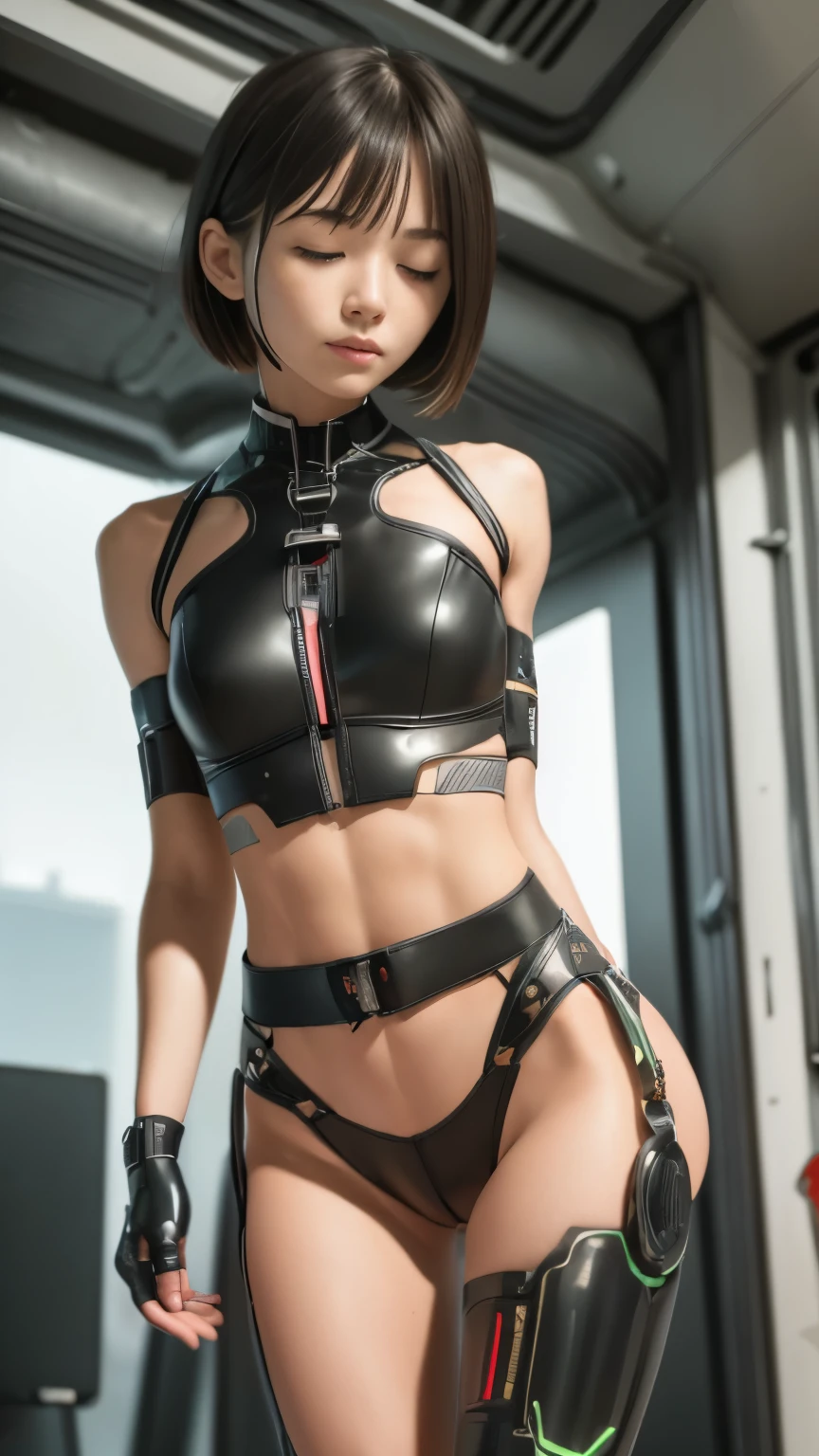 high quality, ​realistic masterpiece, girl with legs tied and wrists bound, Beautiful ***** skinny girl with cute face, eyes closed in pleasure, cyberpunk, Wearing neon futuristic robotic tactical shear armor cyberpunk suit with cutouts, skinny athletic body showing legs, abs, Famous actresses of Japan, very beautiful face, bdsm