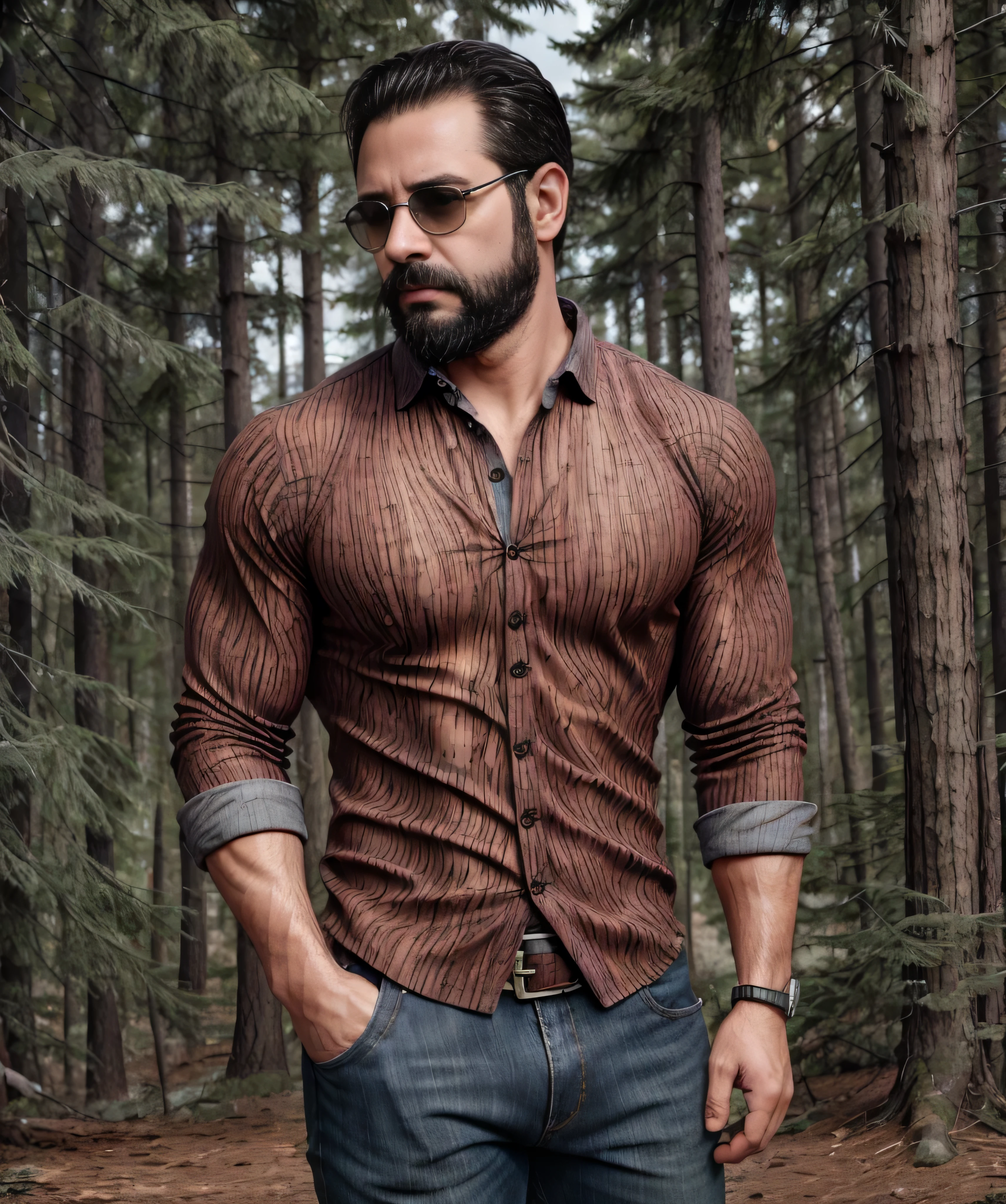 (best quality,highres,masterpiece:1.2),(bokeh,blurred background),Upper body,Hands in pants pockets,38-year-old man,bearded,square sunglasses,Action movie,wooden shirt,electric storm,background.