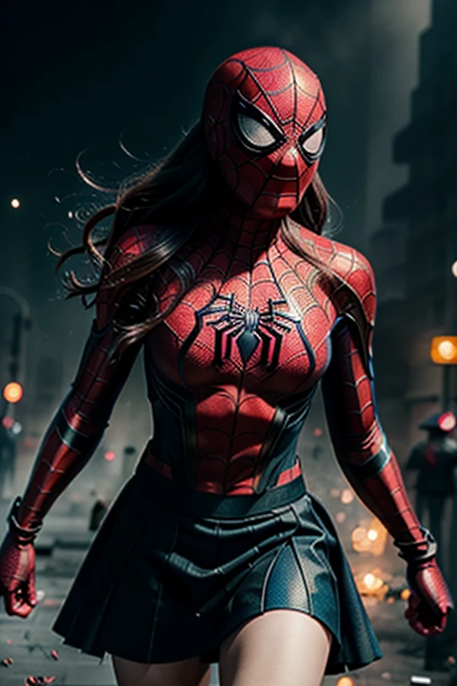 Amanda Seyfried、stick out the navel、new york、彼女は破れたSpidermanのスーツを着ている,Wearing a skirt、 Red and black color scheme,dynamic、masterpiece、highest quality、Ultra-detailed、Very detailed、Beautiful sparkle in the details、超A high resolution、Spiderman、Marvel