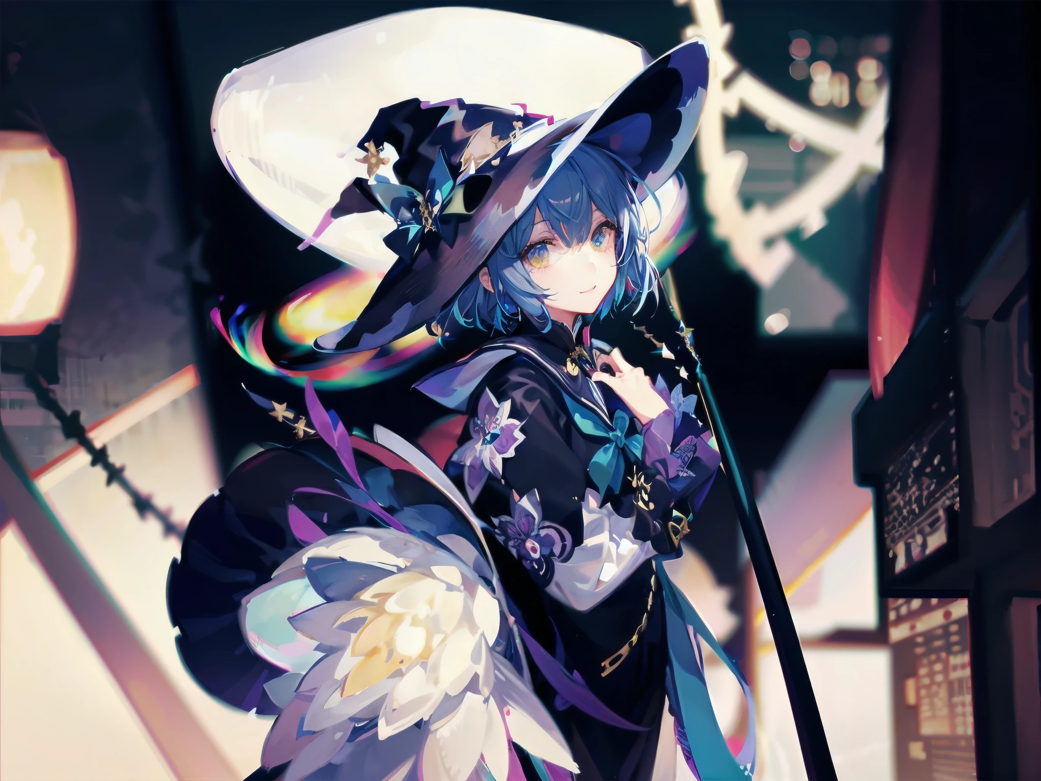 A girl stands on the rooftop of a high-rise building overlooking Tokyo late at night、She has a short bob with a white lob of hair and wears a large black witch hat with sapphire jewelry.、淡い紺色のリボンの白と黒のSailor suitを着ている高校生、She wears a large witch's hat with a small sapphire accessory、A few star creams、Beautiful starry sky、Beautiful night view、large witch's hat 、Sailor suit、Box Skirt、