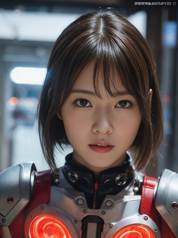highest quality、masterpiece、超A high resolution、(Photorealistic:1.4)、RAW Photos、1 girl、Boyish and healthy girl、choker、short hair、Glowing Skin、(((1. Mechanical Girl)))、((Ultra-Realistic Details))、Portrait、Global Illumination、Shadow、Octane Rendering、8k、Super sharp、huge 、Bare skin exposed in the cleavage、Metal、Intricate decorative detailore about Japan、Very intricate details、Realistic Light、CGSoation Trend、Red eyes、Shining Eyes、To the camera、Neon detailed mechanical limbs)、Gundam、Small LED Lamp、Particles of light、