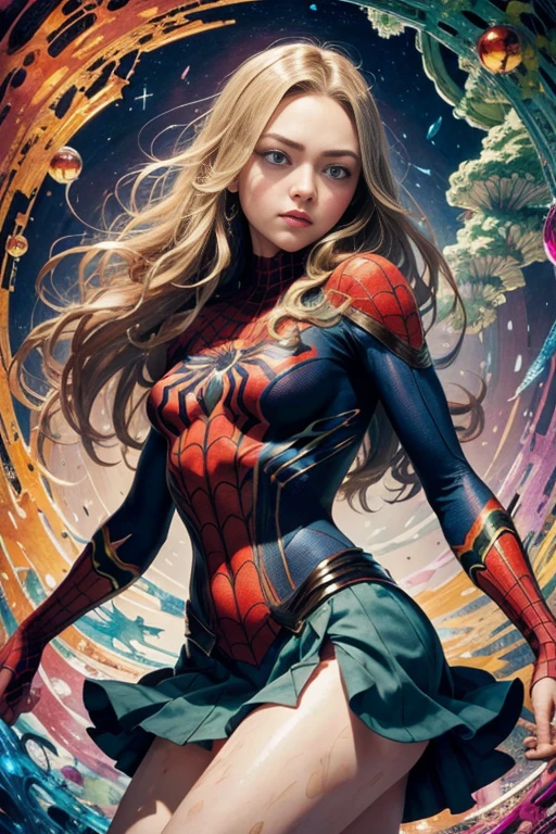 Amanda Seyfried、stick out the navel、new york、彼女は破れたSpidermanのスーツを着ている,Wearing a skirt、Abstract Photorealistic、Artistic、Alphonse Mucha paintings(masterpiece、highest quality、High resolution:1.4)、detailed、複雑なdetailed、4K、Splashes of color、Line art、Fibonacci、Spiderman、Marvel