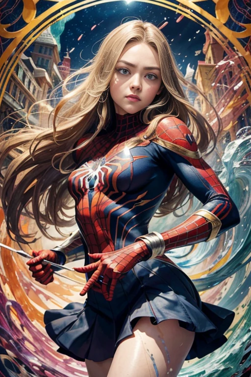 Amanda Seyfried、stick out the navel、new york、彼女は破れたSpidermanのスーツを着ている,Wearing a skirt、Abstract Photorealistic、Artistic、Alphonse Mucha paintings(masterpiece、highest quality、High resolution:1.4)、detailed、複雑なdetailed、4K、Splashes of color、Line art、Fibonacci、Spiderman、Marvel