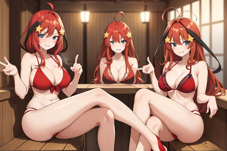 2d, masterpiece, best quality, anime, highly detailed, 5 girl, photo of 5 girl, quintuplets, nakano itsuki, red hair, long hair, star hair ornament, ahoge, large breasts, sauna, red bikini, indoors, smile, full body, sexy body, perfect body, sitting crossed legs
