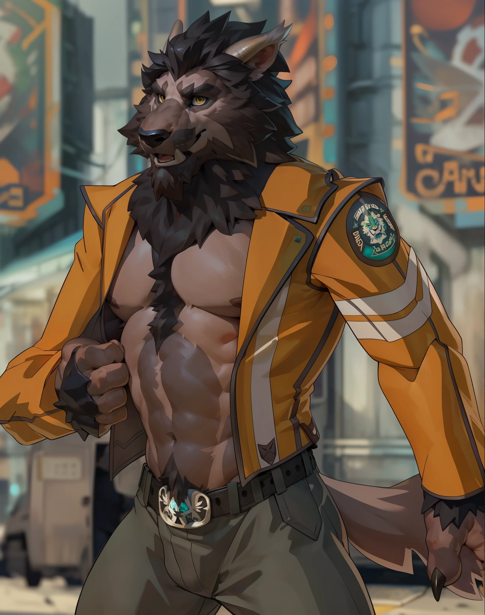 (by taran fiddler), (by darkgem:0.8), (by null-ghost), (by raccoon 21) masterpiece, solo, anthro, furry, furry male, Teal lion, teal bull, ((fluffy fur, tall, fluffy, furry body)), (ninja outfit, lion print, bull print), yellow eyes, Bull horns, white horns, white hair, wild long hair, white hair, bull tail, ((light teal face, moss green body, teal arms, white facial hair)), white sideburns, white long hair, NO black fur, NO black hair, detailed fluffy fur, detailed face, detailed eyes, pointy ears, no shirt, (huge pectorals:1.1), (fingerless gloves:1.1), full body, wrist beads, hakama pants, gloves, no shirt, collar, full white beard, white beard), cyberpunk street, (by null-ghost,by raccoon21, masterpiece, high quality, hi res,8k HD), standing, close-view portrait, looking at viewer, night, outdoor, 4 fingers,