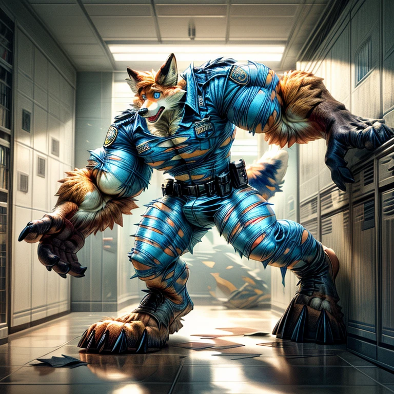 A human police officer (((((partially transformed))))) into an (anthro muscle red fox, blue eyes, brown forearm, whiskers, black stripe ) in a (police station). (((human legs))), ((big paws)), (shocked expression), (ripped clothing), ((gign uniform)), broad shoulders, big biceps, big pecs, big thighs, hyper giant bulge (((big feet))), (detailed fox face), male focus, detailed eyes, high quality, best quality, concept art, photorealistic (((midtransformation))), ((torn boots))