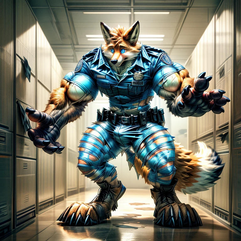 A human police officer (((((partially transformed))))) into an (anthro muscle red fox, blue eyes, brown forearm, whiskers, black stripe ) in a (police station). (((human legs))), ((big paws)), (shocked expression), (ripped clothing), ((gign uniform)), broad shoulders, big biceps, big pecs, big thighs, hyper giant bulge (((big feet))), (detailed fox face), male focus, detailed eyes, high quality, best quality, concept art, photorealistic (((midtransformation))), ((torn boots))