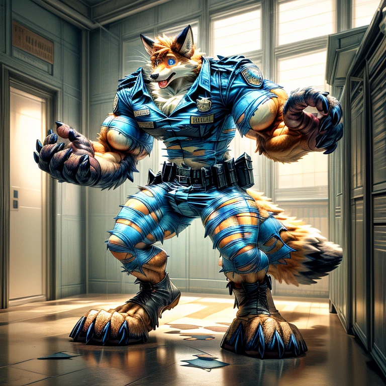 A human police officer (((((partially transformed))))) into an (anthro muscle red fox, blue eyes, brown forearm, whiskers, black stripe ) in a (police station). (((human legs))), ((big paws)), (shocked expression), (ripped clothing), ((gign uniform)), broad shoulders, big biceps, big pecs, big thighs, hyper giant bulge (((big feet))), (detailed fox face), male focus, detailed eyes, high quality, best quality, concept art, photorealistic (((midtransformation))), ((torn boots))