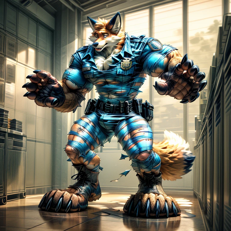 A human police officer (((((partially transformed))))) into an (anthro muscle red fox, blue eyes, brown forearm, whiskers, black stripe ) in a (police station). (((human legs))), ((big paws)), (shocked expression), (ripped clothing), ((gign uniform)), broad shoulders, big biceps, big pecs, big thighs, hyper giant bulge (((big feet))), (detailed fox face), male focus, detailed eyes, high quality, best quality, concept art, photorealistic (((midtransformation))), ((torn boots))