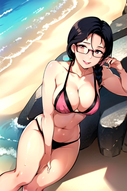 masterpiece, highest quality:1.0, ultra-high resolution:1.0, Beach scene, one girl, alone, captivating view, Swimwear wearing, Arima Ayumi, 25-year-old woman, long black hair in a single pigtail, pink lips, glasses on nose, adorned with one braid, beaming smile.