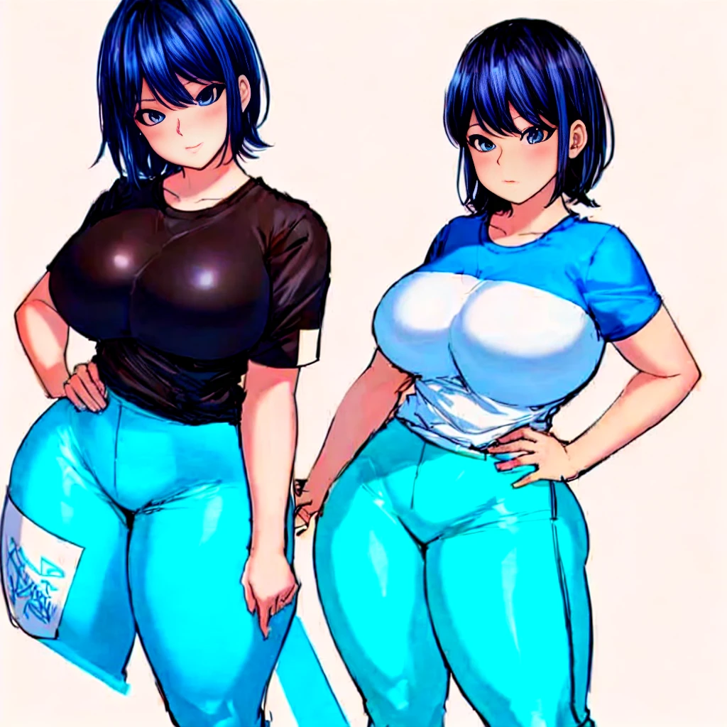 a solo cartoon of a woman in tight pants and a shirt, bimbo at the gym, thicc, oc commission, commission for high res, hands behind her body pose!, inked and colored, cel shaded!!!, cutesexyrobutts, full body portrait of a short!, fullbody commission for, thighs!!!!!!, lowres, thighs!!!, a full bodyof a solo woman with a black hair and a blue top, short black hair, anime visual of a woman, female anime character, town